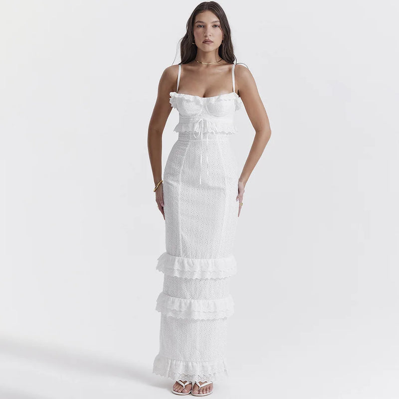 Besticktes Maxikleid Weiß | Luftig & atmungsaktiv | Camisole mit verstellbaren Trägern-Luzern Mode