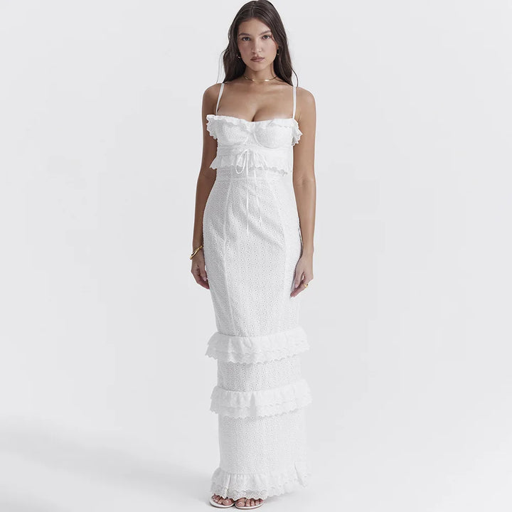 Besticktes Maxikleid Weiß | Luftig & atmungsaktiv | Camisole mit verstellbaren Trägern-Luzern Mode