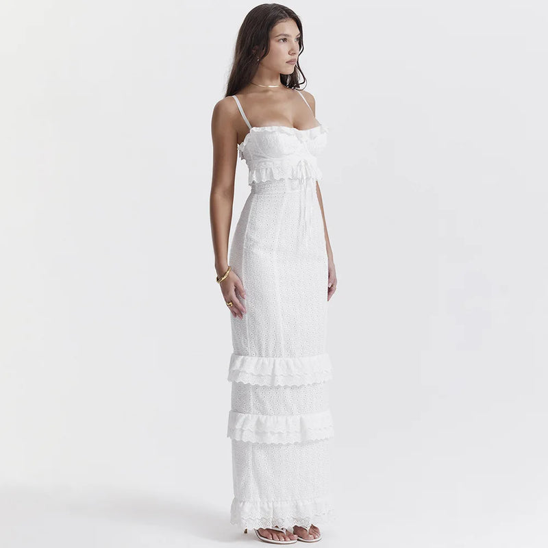 Besticktes Maxikleid Weiß | Luftig & atmungsaktiv | Camisole mit verstellbaren Trägern-Luzern Mode