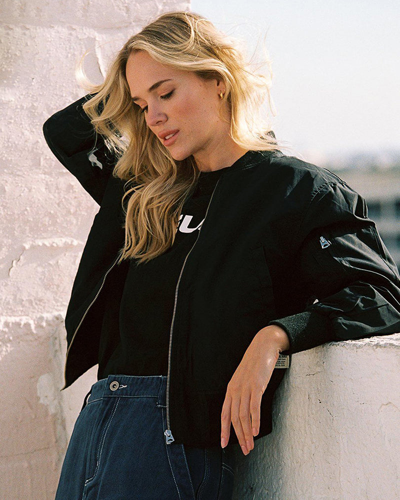 Damen Bomberjack | Reißverschluss | Niedriger Kragen | Taschen | Einfarbig | Cool-Schwarz-S-Luzern Mode
