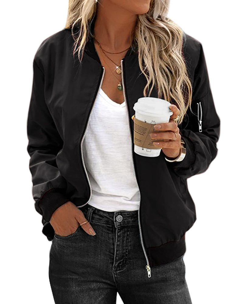 Damen Bomberjack | Reißverschluss | Niedriger Kragen | Taschen | Einfarbig | Cool-Luzern Mode
