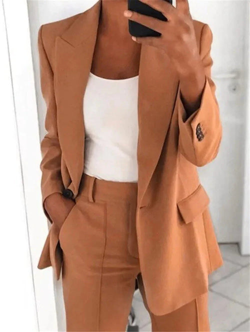 Einfarbiger Damenanzug | Regular Fit | 2-teilig | Blazer | Hose | Baumwollmischung-Braun-S-Luzern Mode