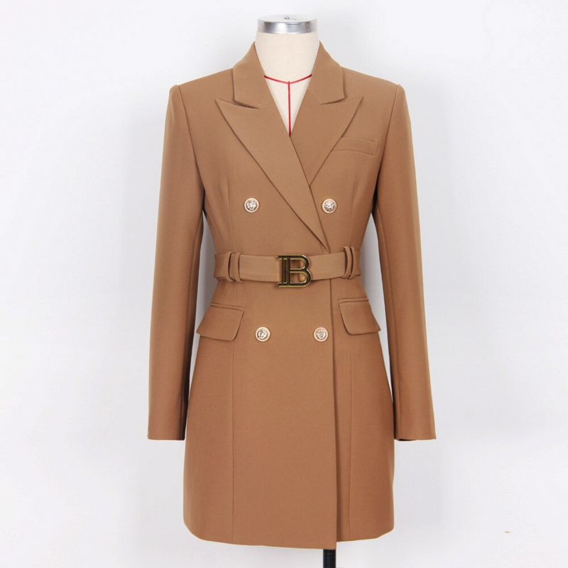 Damen Blazer Kleid mit Gürtel und Knopfdetails-Braun-S-Luzern Mode