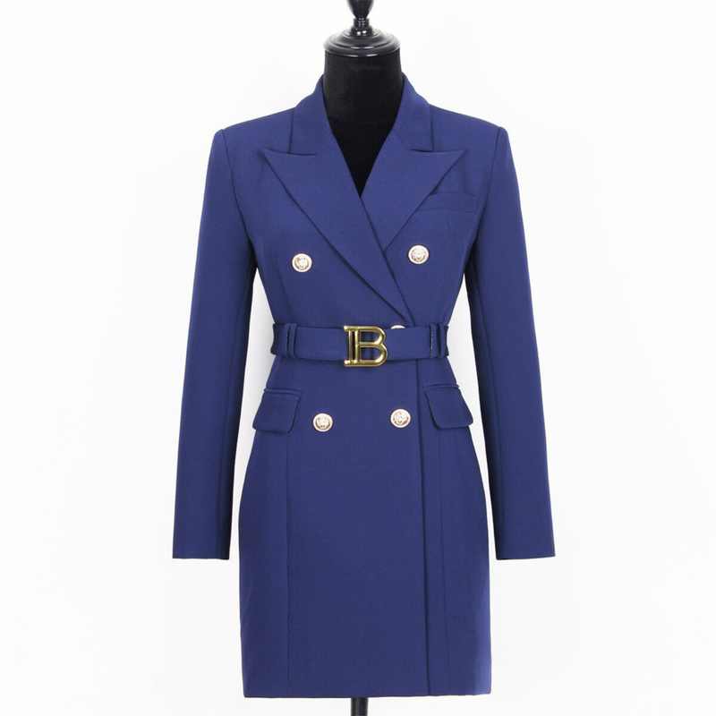 Damen Blazer Kleid mit Gürtel und Knopfdetails-Dunkelblau-S-Luzern Mode