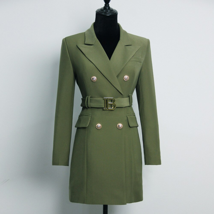 Damen Blazer Kleid mit Gürtel und Knopfdetails-Dunkelgrün-S-Luzern Mode