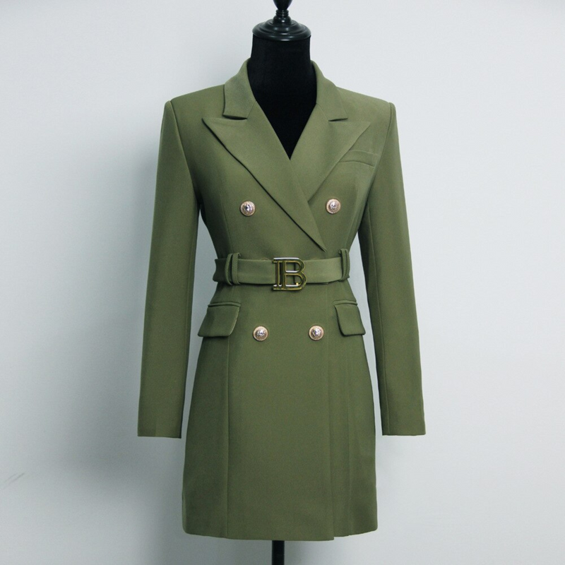 Damen Blazer Kleid mit Gürtel und Knopfdetails-Dunkelgrün-S-Luzern Mode