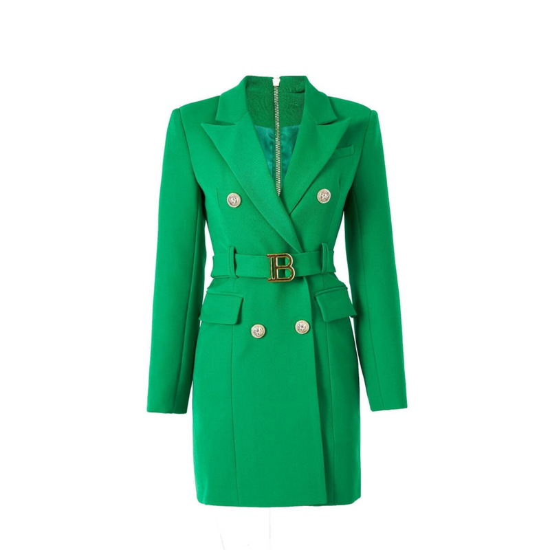 Damen Blazer Kleid mit Gürtel und Knopfdetails-Grün-S-Luzern Mode