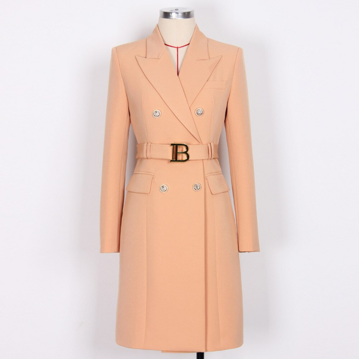 Damen Blazer Kleid mit Gürtel und Knopfdetails-Hellbraun-S-Luzern Mode