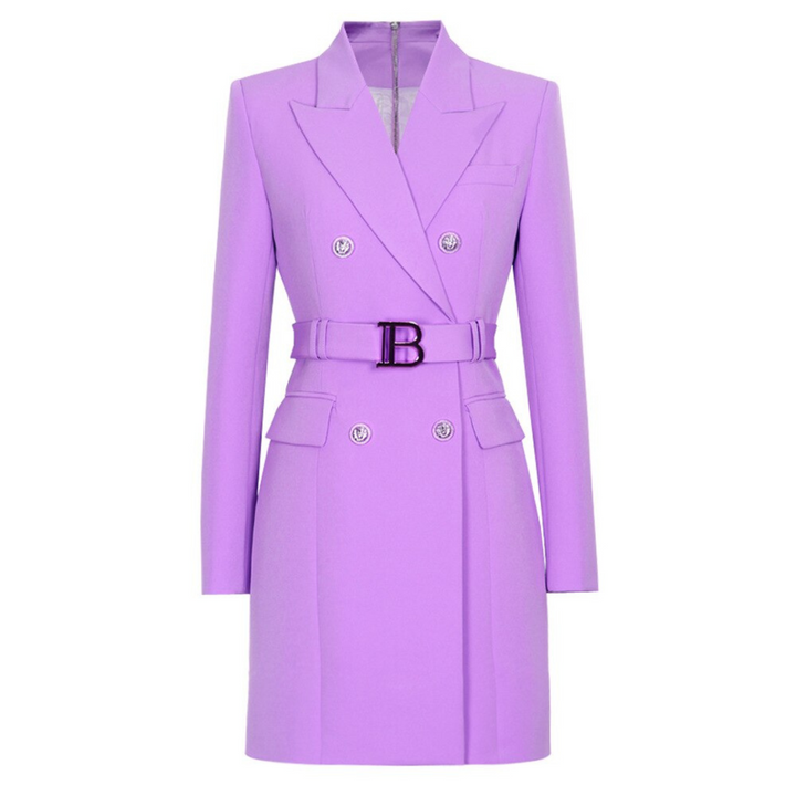 Damen Blazer Kleid mit Gürtel und Knopfdetails-Lila-S-Luzern Mode