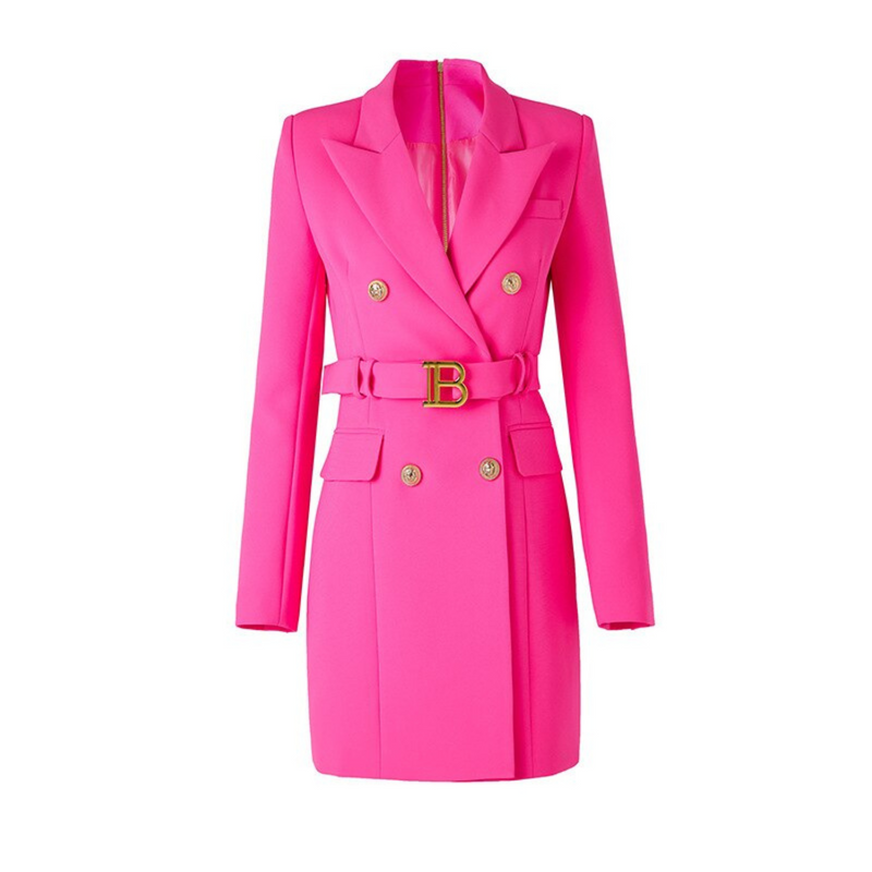 Damen Blazer Kleid mit Gürtel und Knopfdetails-Rosa-S-Luzern Mode