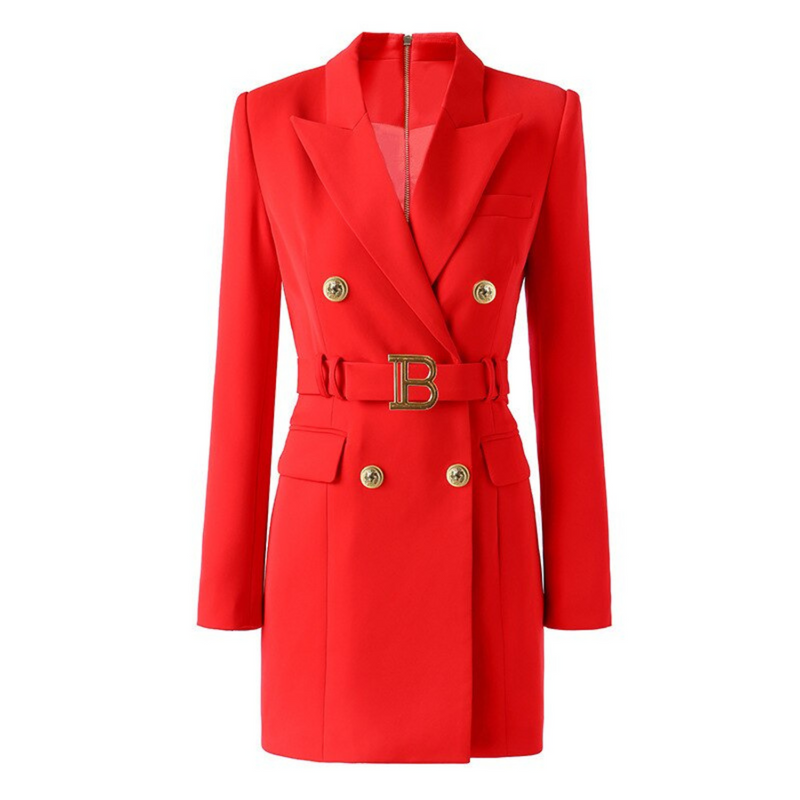 Damen Blazer Kleid mit Gürtel und Knopfdetails-Rot-S-Luzern Mode