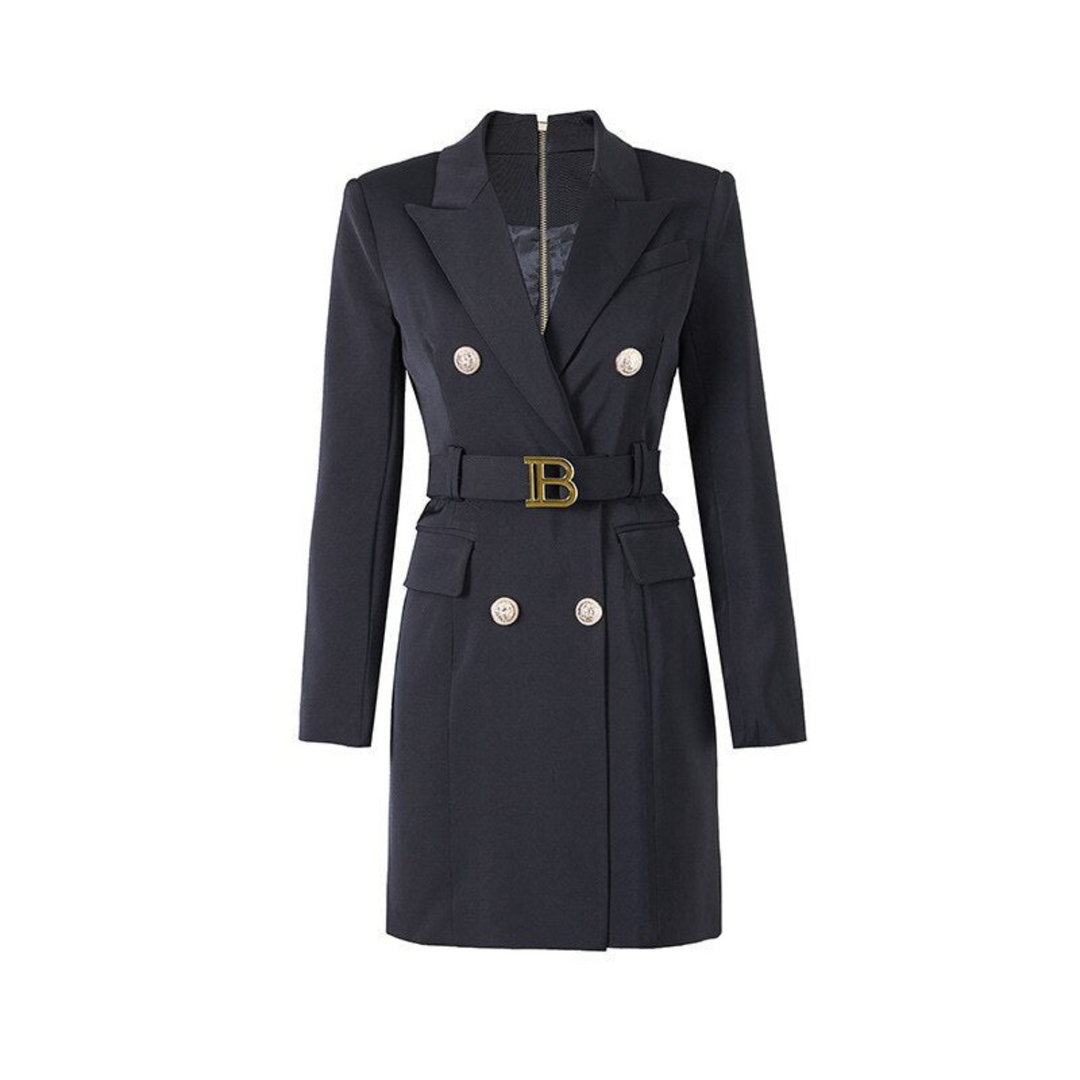 Damen Blazer Kleid mit Gürtel und Knopfdetails-Schwarz-S-Luzern Mode