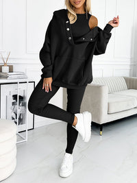 Damen Bekleidungsset | 2-teilig | Unifarben | Hose | Lange Ärmel | Casual-Schwarz-S-Luzern Mode