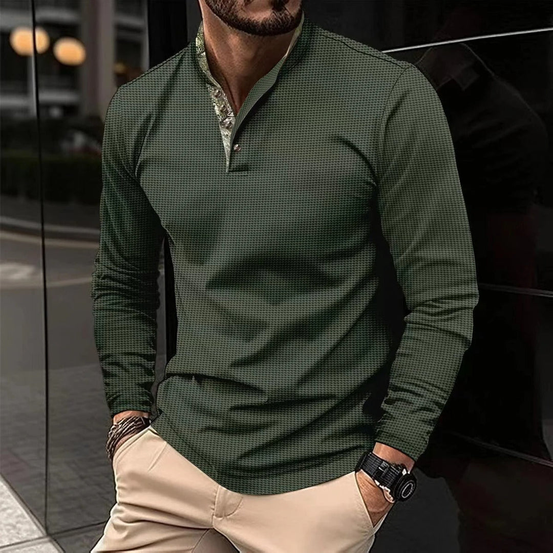 Herren Langarmhemd mit Stehkragen - Elegantes Design-Armeegrün-S-Luzern Mode