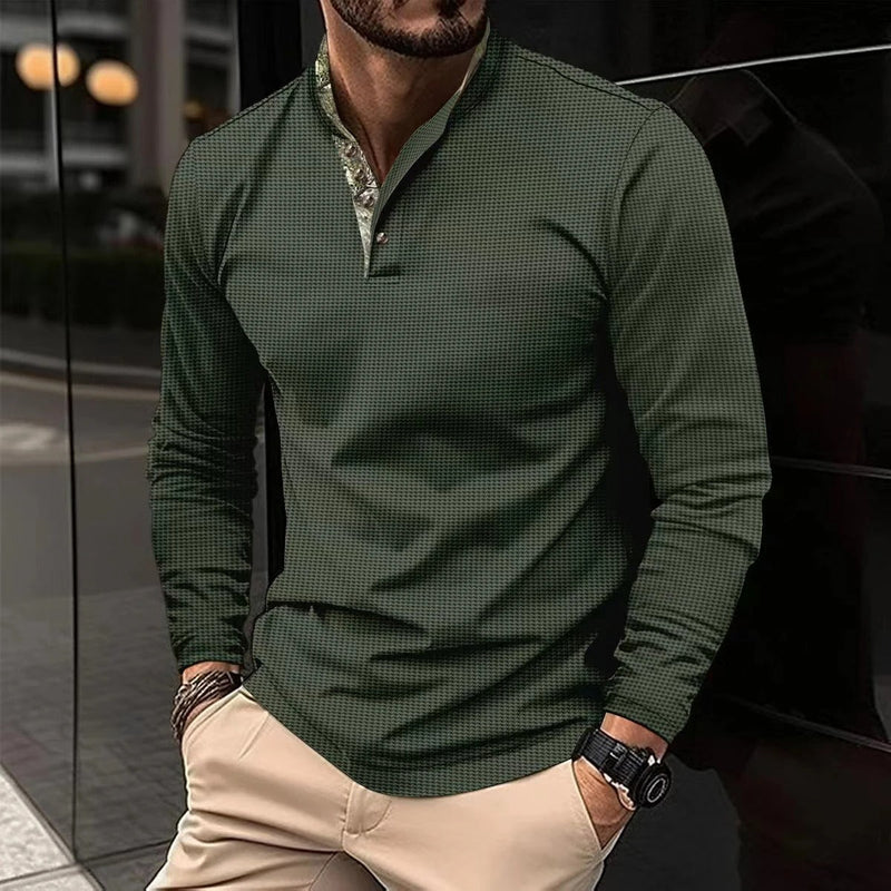 Herren Langarmhemd mit Stehkragen - Elegantes Design-Armeegrün-S-Luzern Mode