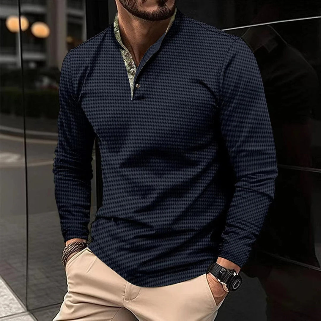 Herren Langarmhemd mit Stehkragen - Elegantes Design-Marineblau-S-Luzern Mode