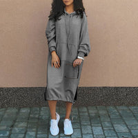 Gemütliches Damen Kapuzenkleid mit Taschen und Kordelzug-Grau-S-Luzern Mode
