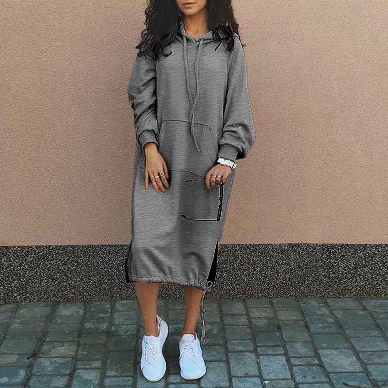 Gemütliches Damen Kapuzenkleid mit Taschen und Kordelzug-Grau-S-Luzern Mode