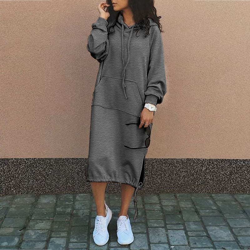 Gemütliches Damen Kapuzenkleid mit Taschen und Kordelzug-Luzern Mode