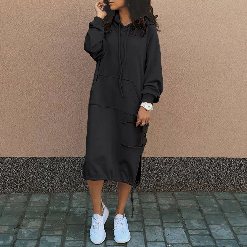 Gemütliches Damen Kapuzenkleid mit Taschen und Kordelzug-Luzern Mode