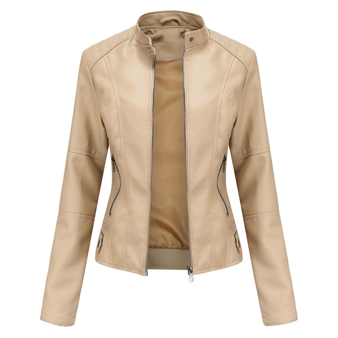 Damen Lederjacke Biker-Stil mit Reißverschluss und Stehkragen-Aprikose-XS-Luzern Mode