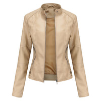 Damen Lederjacke Biker-Stil mit Reißverschluss und Stehkragen-Aprikose-XS-Luzern Mode