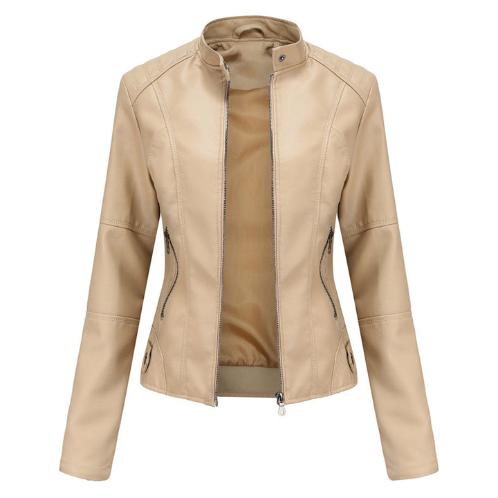 Damen Lederjacke Biker-Stil mit Reißverschluss und Stehkragen-Aprikose-XS-Luzern Mode