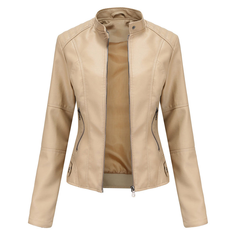 Damen Lederjacke Biker-Stil mit Reißverschluss und Stehkragen-Aprikose-XS-Luzern Mode