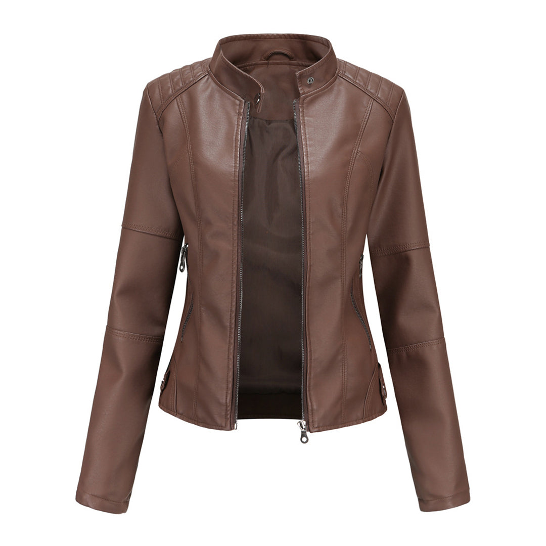Damen Lederjacke Biker-Stil mit Reißverschluss und Stehkragen-Dunkelbraun-XS-Luzern Mode