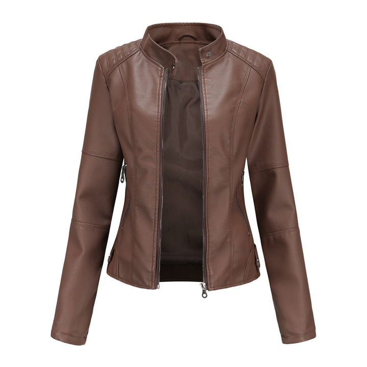 Damen Lederjacke Biker-Stil mit Reißverschluss und Stehkragen-Dunkelbraun-XS-Luzern Mode