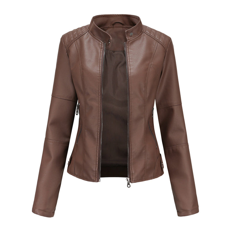 Damen Lederjacke Biker-Stil mit Reißverschluss und Stehkragen-Dunkelbraun-XS-Luzern Mode