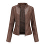 Damen Lederjacke Biker-Stil mit Reißverschluss und Stehkragen-Dunkelbraun-XS-Luzern Mode
