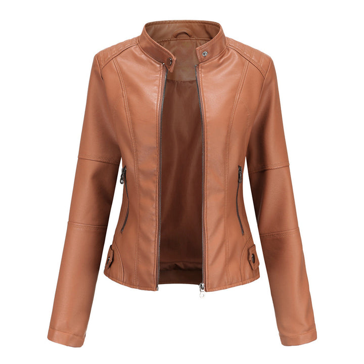 Damen Lederjacke Biker-Stil mit Reißverschluss und Stehkragen-Lichtbraun-XS-Luzern Mode
