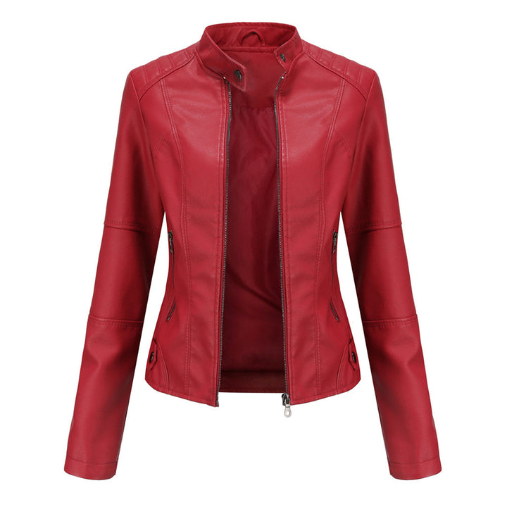 Damen Lederjacke Biker-Stil mit Reißverschluss und Stehkragen-Rot-XS-Luzern Mode