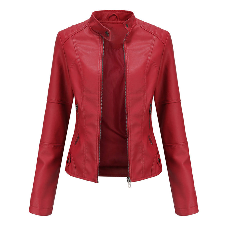 Damen Lederjacke Biker-Stil mit Reißverschluss und Stehkragen-Rot-XS-Luzern Mode
