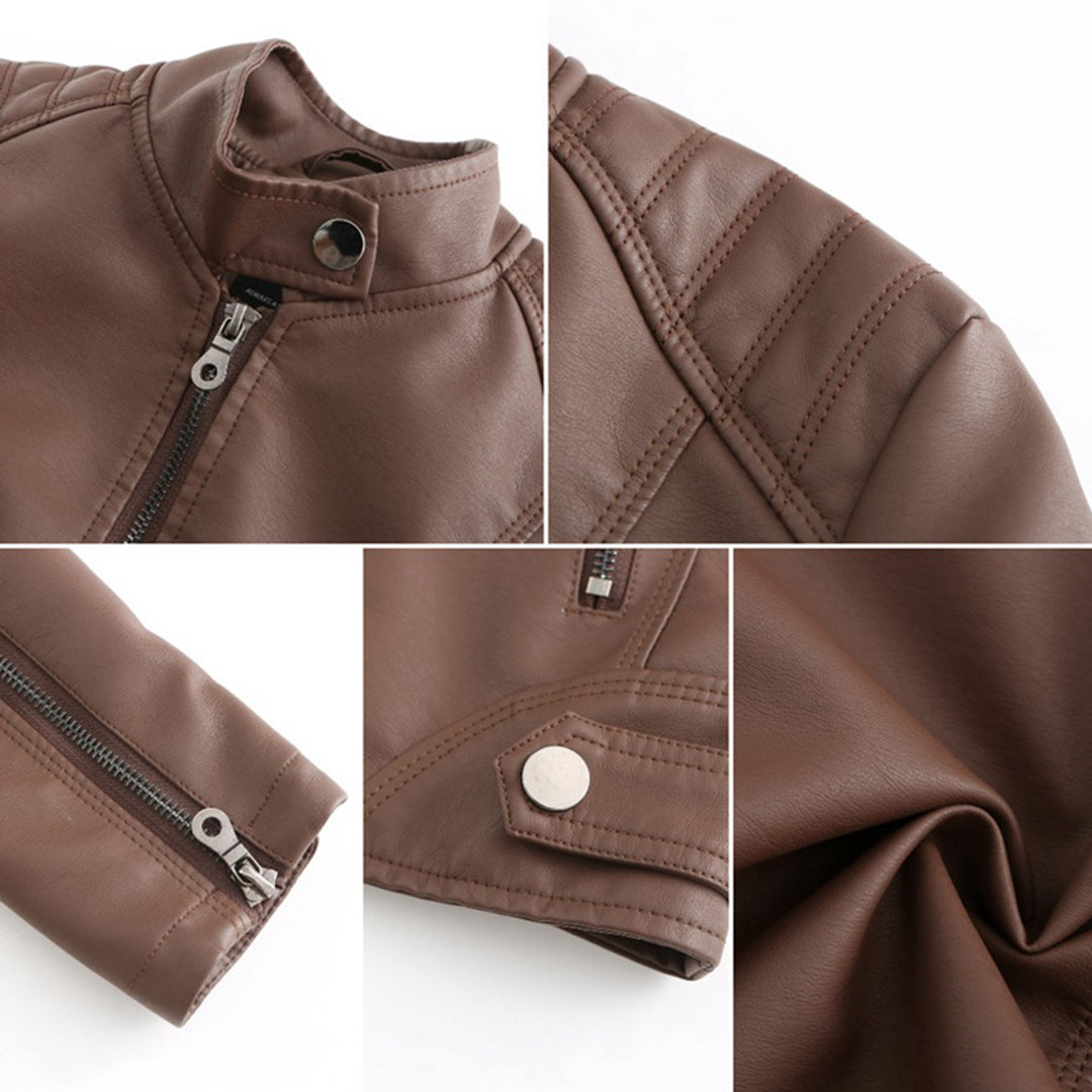 Damen Lederjacke Biker-Stil mit Reißverschluss und Stehkragen-Luzern Mode