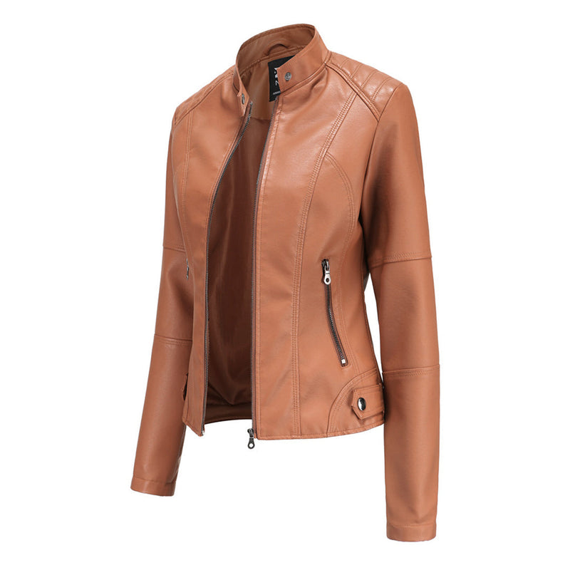 Damen Lederjacke Biker-Stil mit Reißverschluss und Stehkragen-Luzern Mode