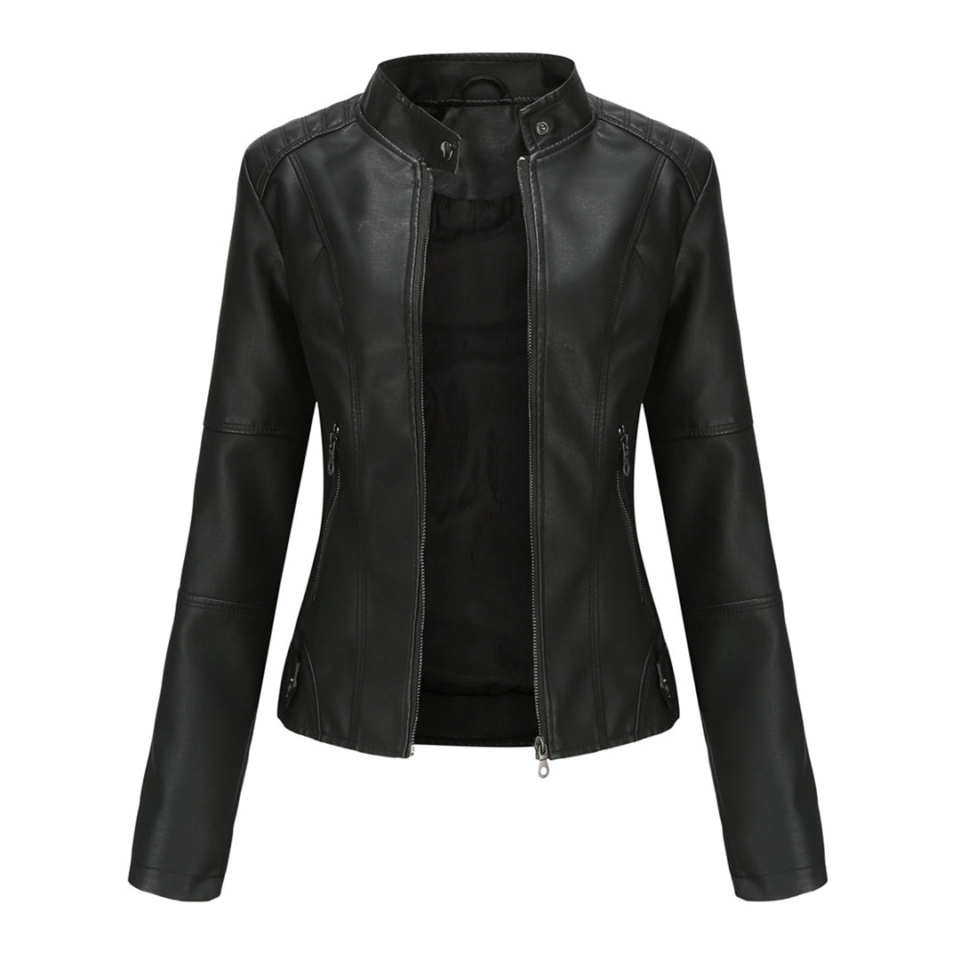 Damen Lederjacke Biker-Stil mit Reißverschluss und Stehkragen-Schwarz-XS-Luzern Mode
