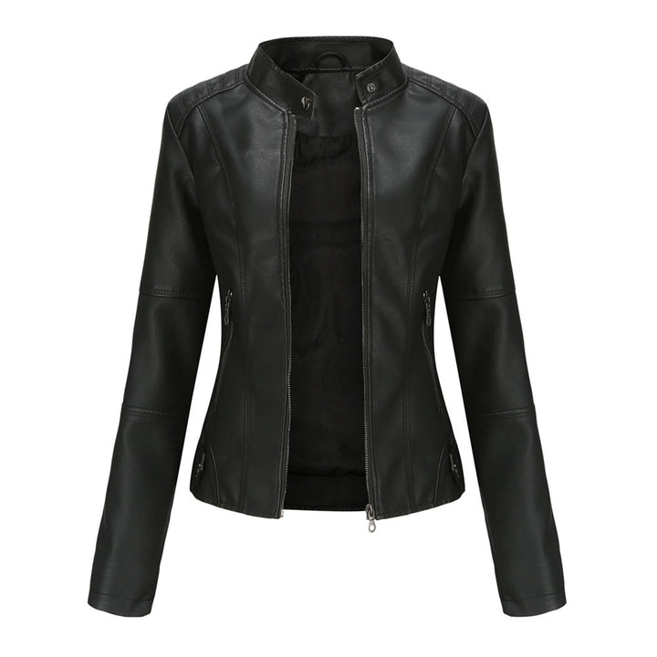 Damen Lederjacke Biker-Stil mit Reißverschluss und Stehkragen-Schwarz-XS-Luzern Mode