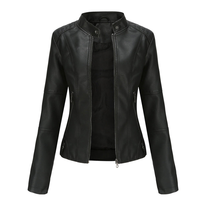 Damen Lederjacke Biker-Stil mit Reißverschluss und Stehkragen-Schwarz-XS-Luzern Mode