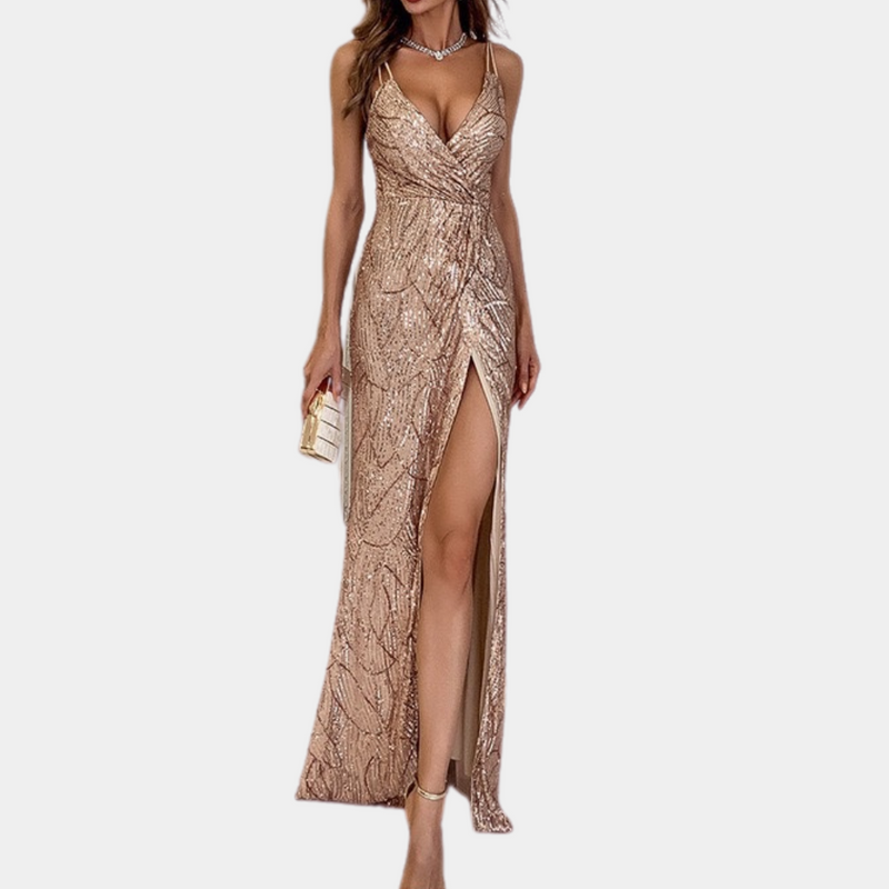 Elegantes Abendkleid mit Pailletten und Beinschlitz-Luzern Mode