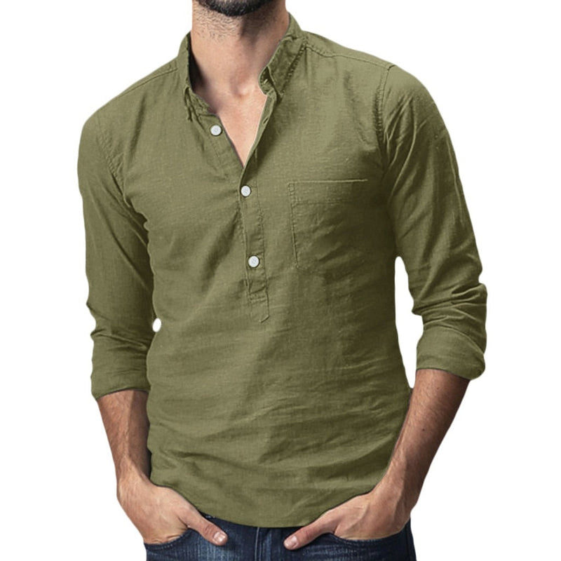 Sommerhemd Übergröße Herren | Leinen Look | Atmungsaktiv | Lockerer Schnitt-Armeegrün - 3 Knöpfe-M-Luzern Mode
