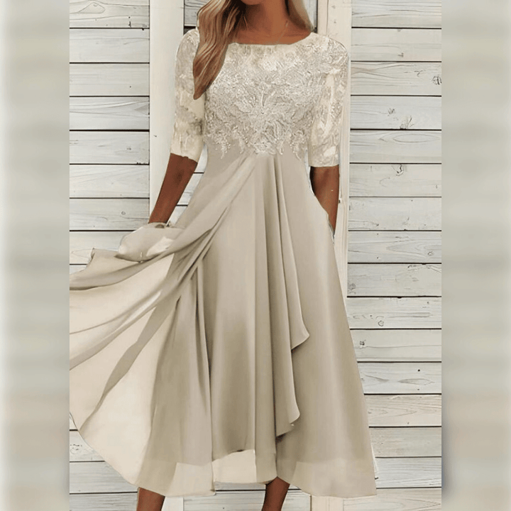 Elegantes Spitzenkleid mit Halbarm für besondere Anlässe-Beige-S-Luzern Mode