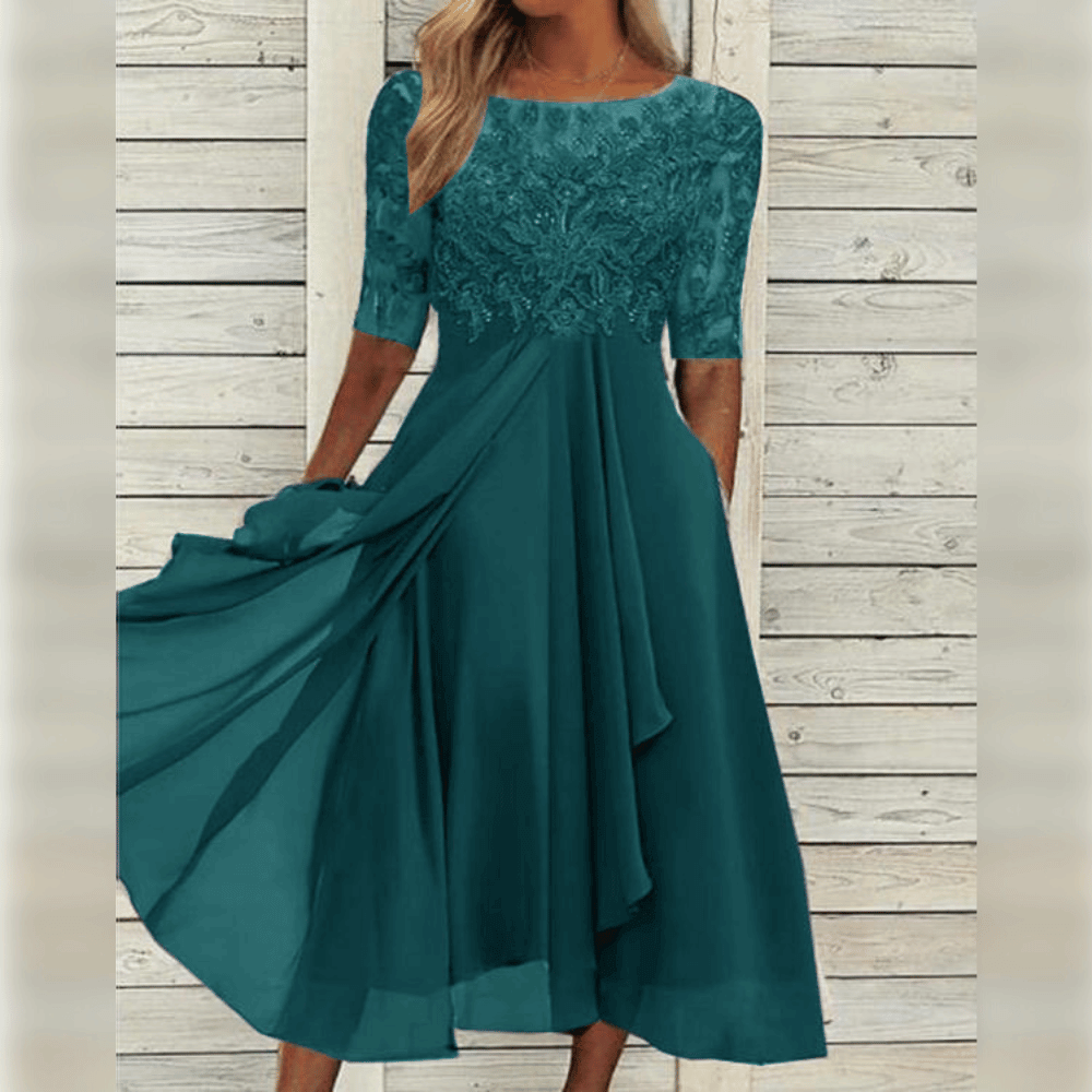 Elegantes Spitzenkleid mit Halbarm für besondere Anlässe-Türkis-S-Luzern Mode