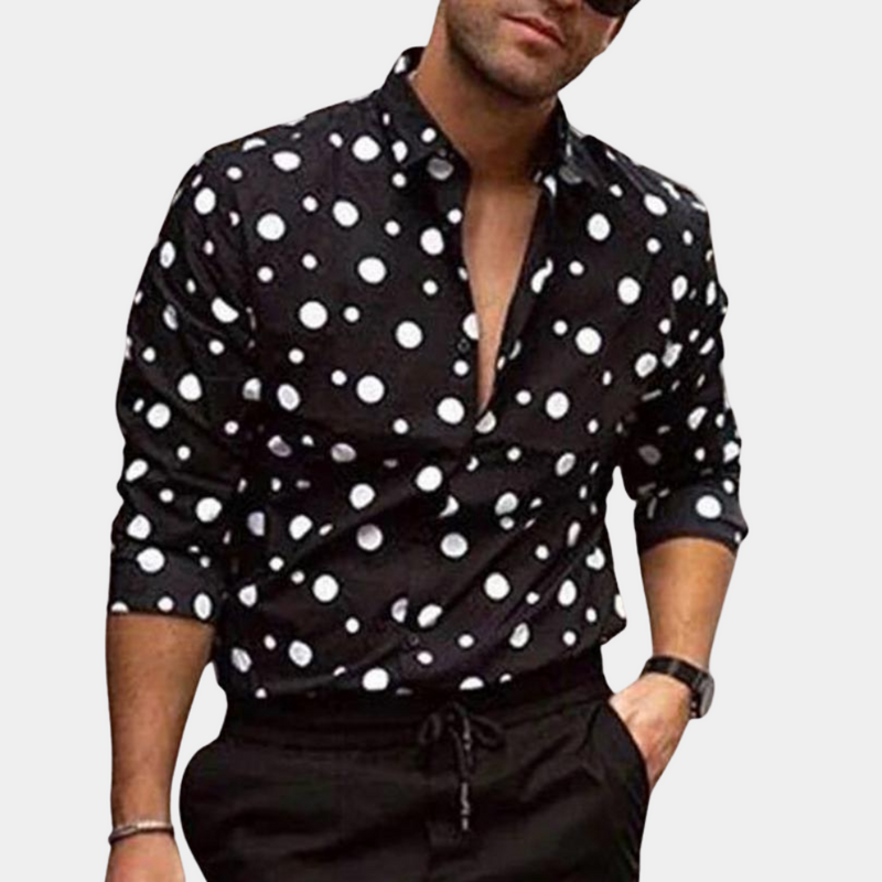 Herren Polka Dot Hemd - Elegantes Langarm Freizeithemd-Schwarz-M-Luzern Mode