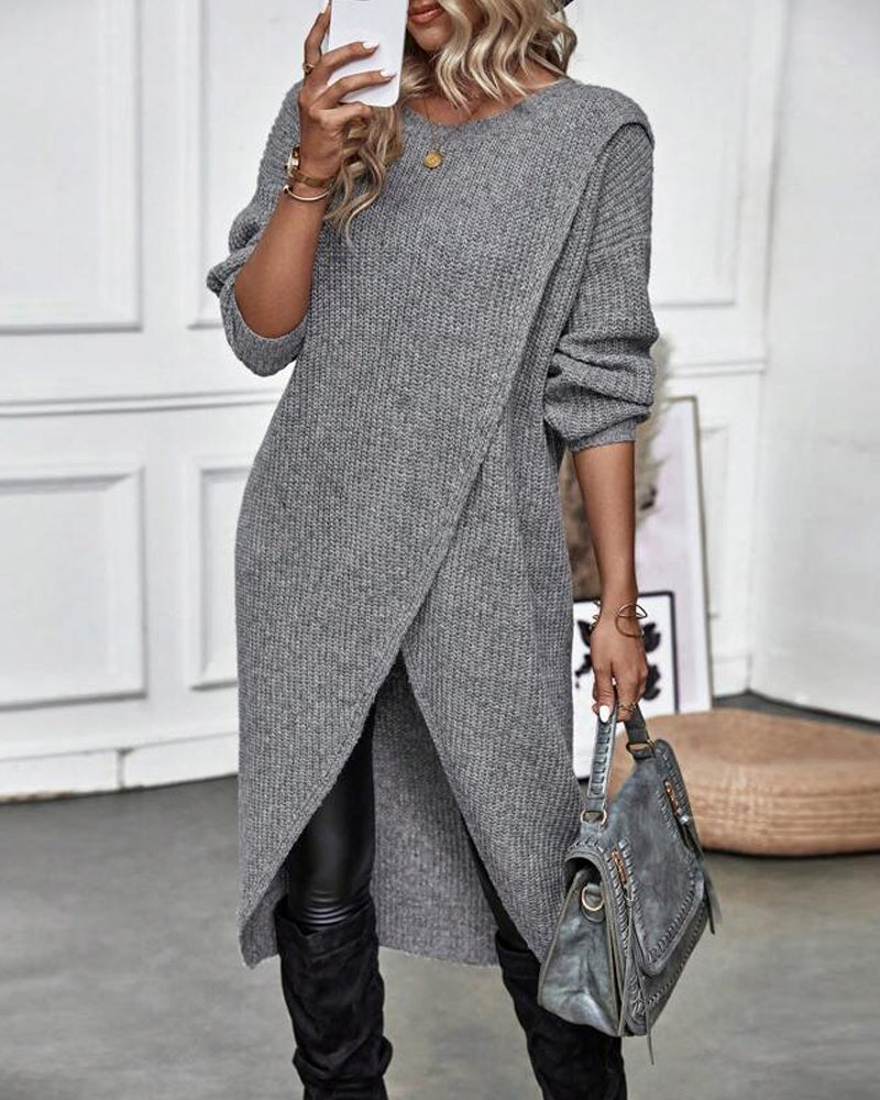 Damen Strickkleid Langarm Wintermode Bequemes Design-Grau-S-Luzern Mode