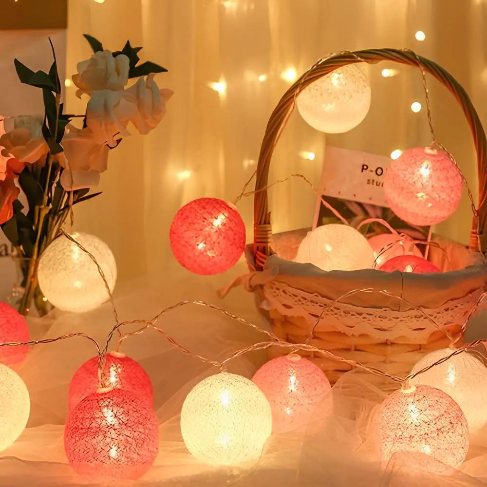 Lichterkette mit Kugeln | Bunt | Fröhlich | LED | Baumwolle | Soft-Rosa-1,5 m-USB-Luzern Mode