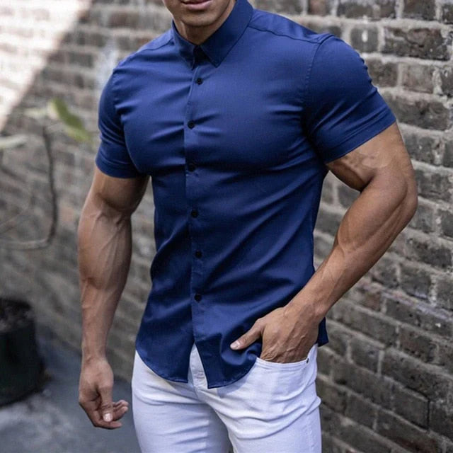Stretch Herren Hemd | Slim Fit | Kurze Ärmel | Knöpfe | Kragen-Blau-M-Luzern Mode