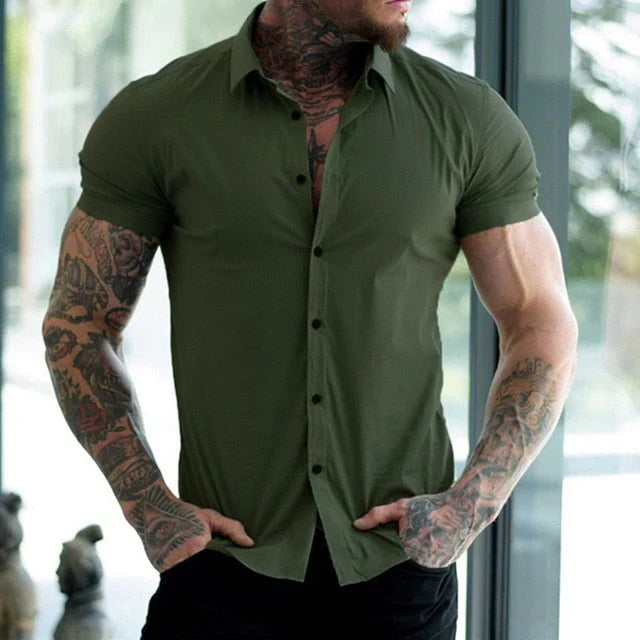 Stretch Herren Hemd | Slim Fit | Kurze Ärmel | Knöpfe | Kragen-Grün-M-Luzern Mode