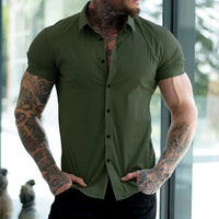 Stretch Herren Hemd | Slim Fit | Kurze Ärmel | Knöpfe | Kragen-Grün-M-Luzern Mode